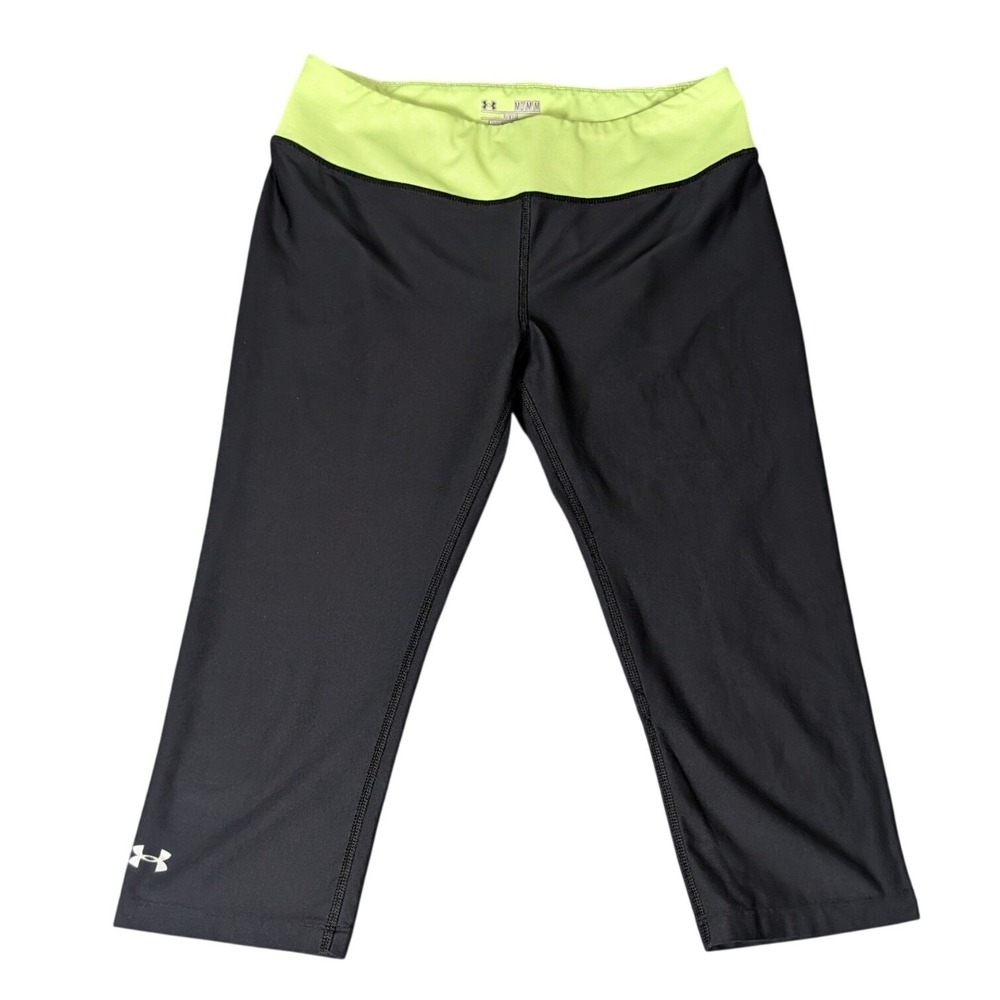 Under Armour HeatGear Women Black Neon Lime Green Fitted Capri Leggings 5922